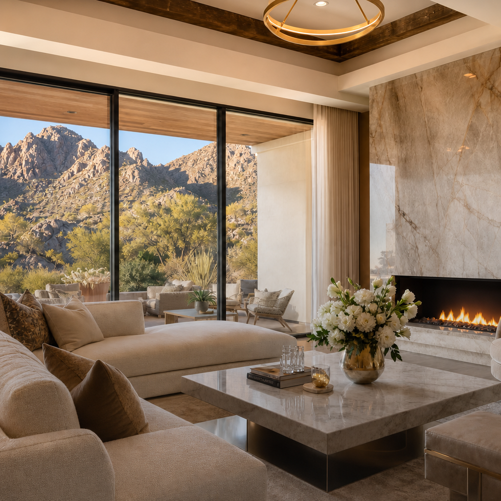 Luxury desert living room with marble fireplace and mountain views